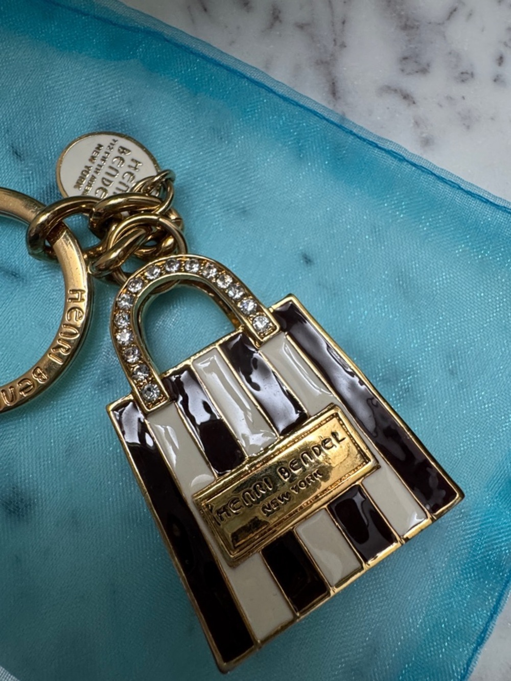 henri bendel Striped Mini Bag Keychain / Bag Charm Brown & White with Gold NWOT - Picture 5 of 8